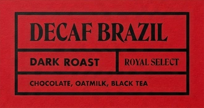 Decaf Brazil: Dark Roast, Natural Water Process, Mocha Joe's coffee label